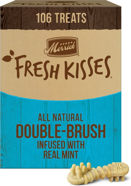 Merrick Fresh Kisses Double-Brush Mint Breath Strip Infused X-Small Dental Dog Treats, 106 count slide 1 of 8