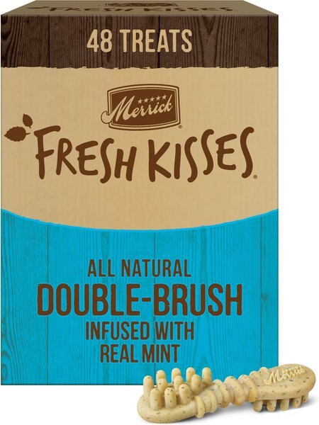 Merrick Fresh Kisses Double-Brush Mint Breath Strip Infused Small Dental Dog Treats, 48 count slide 1 of 9