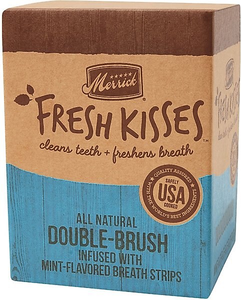 Merrick Fresh Kisses Double-Brush Mint Breath Strip Infused Medium Dental Dog Treats, 30 count slide 1 of 8