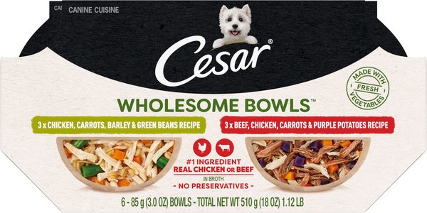Cesar Wholesome Bowls Chicken, Carrots, Barley, Green Beans & Beef, Chicken, Carrots, Potatoes Variety Pack Small Breed Adult Wet Dog Food, 3-oz tray, case of 12 slide 1 of 8