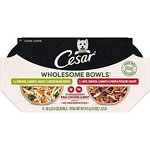 Cesar Wholesome Bowls Chicken, Carrots, Barley, Green Beans & Beef, Chicken, Carrots, Potatoes Variety Pack Small Breed Adult Wet Dog Food, 3-oz tray, case of 12
