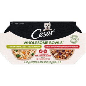 Cesar Wholesome Bowls Chicken, Carrots, Barley, Green Beans & Beef, Chicken, Carrots, Potatoes Variety Pack Small Breed Adult Wet Dog Food, 3-oz tray, case of 12