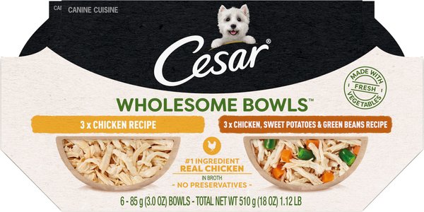 Cesar Wholesome Bowls Chicken Recipe & Chicken, Sweet Potato, Green Beans Recipe Variety Pack Small Breed Adult Wet Dog Food, 3-oz tray, case of 12 slide 1 of 9