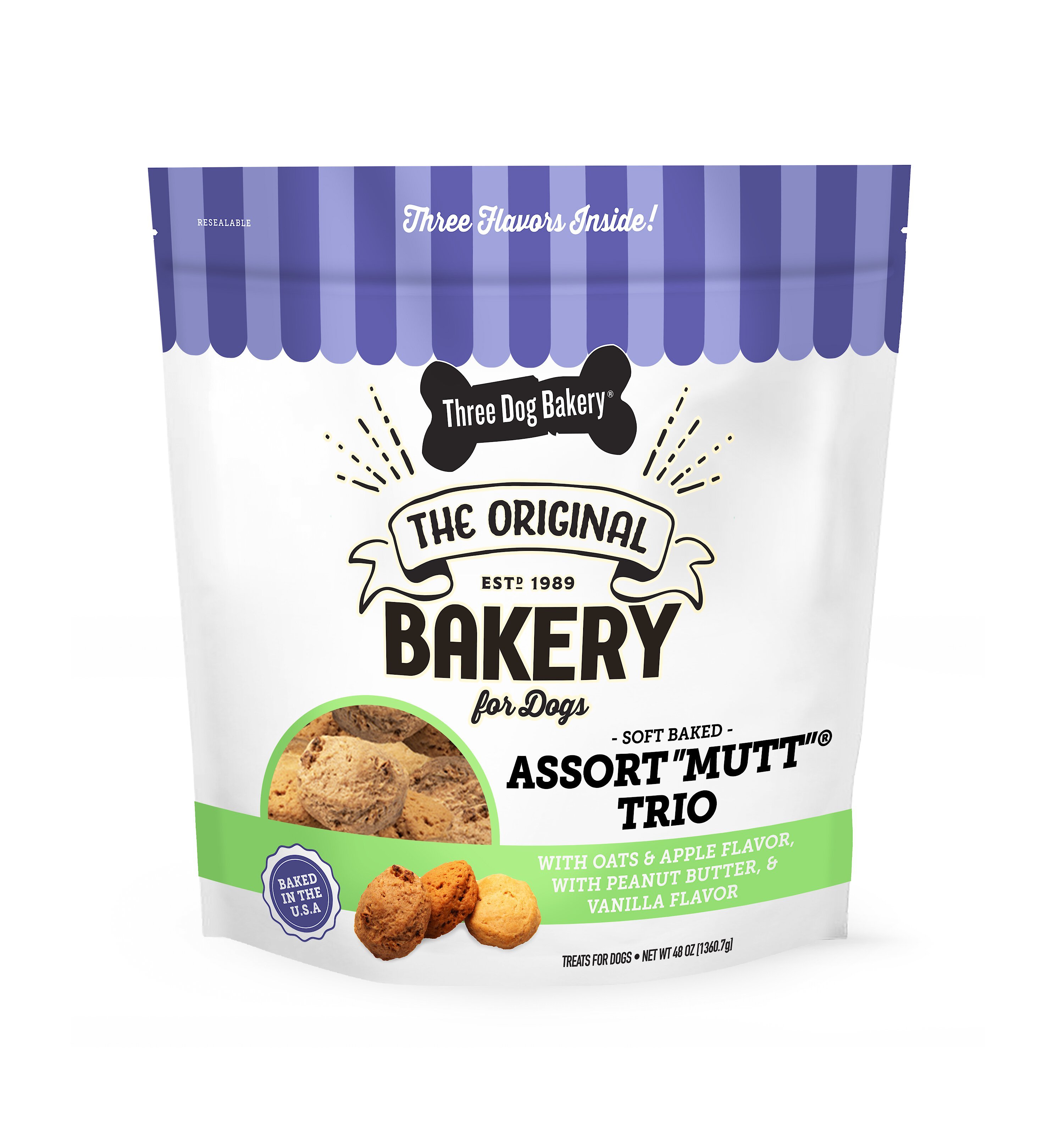 THREE DOG BAKERY Assort'Mutt' Trio Oat & Apple, Peanut Butter & Vanilla ...