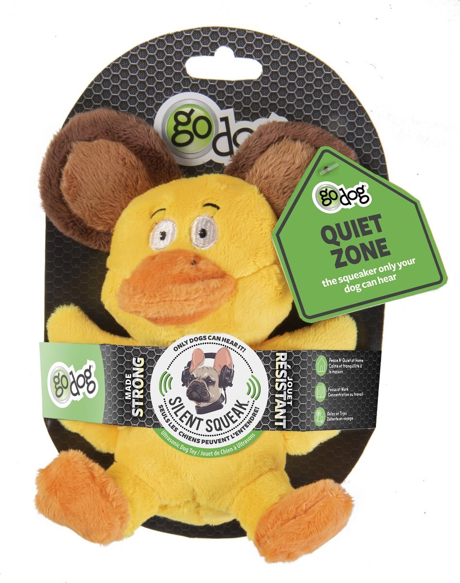 GODOG Silent Squeak Flips Duck/Bear Squeaky Dog Plush Toy, Small
