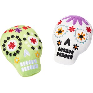 Frisco Halloween Day of the Dead Sugar Skull Plush Squeaky Dog Toy, Small/Medium, 2 count