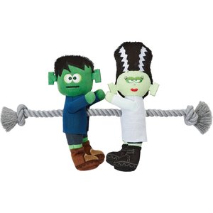 Frisco Halloween Frankenstein & Bride Plush with Rope Squeaky Dog Toy, Medium