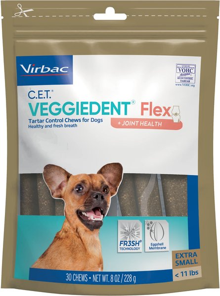 Virbac C.E.T. VeggieDent Flex + Joint Health Dental Chews for X-Small Dogs, under 11 lbs, 30 count slide 1 of 3