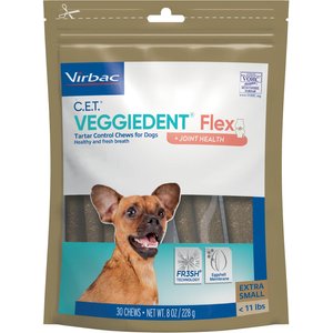 Virbac C.E.T. VeggieDent Flex + Joint Health Dental Chews for X-Small Dogs, under 11lbs, 30 count