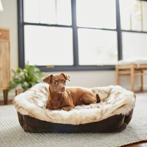 Frisco Faux Fur Rectangular Bolster Cat & Dog Bed, Medium, Brown
