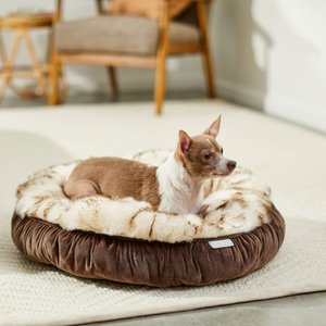 Frisco Faux Fur Velvet Round Bolster Cat & Dog Bed, Small, Brown