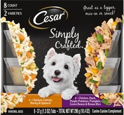 Cesar Simply Crafted Chicken, Duck, Purple Potatoes, Pumpkin, Green Beans & Brown Rice & Chicken, Carrots, Barley & Spinach Variety Pack Adult Wet Dog Food Meal Topper, 1.3-oz tub, case of 16