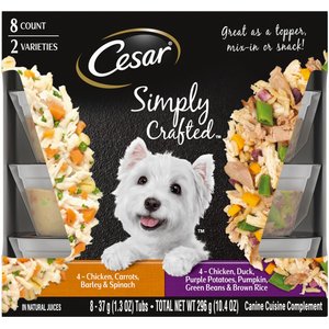 Cesar Simply Crafted Chicken, Duck, Purple Potatoes, Pumpkin, Green Beans & Brown Rice & Chicken, Carrots, Barley & Spinach Variety Pack Wet Dog Food Meal Topper, 1.3-oz tub, case of 16