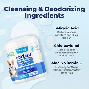 Vetnique Labs Oticbliss Advanced Cleaning, Soothing Aloe & Medicated Dog & Cat Ear Wipes, 100 count