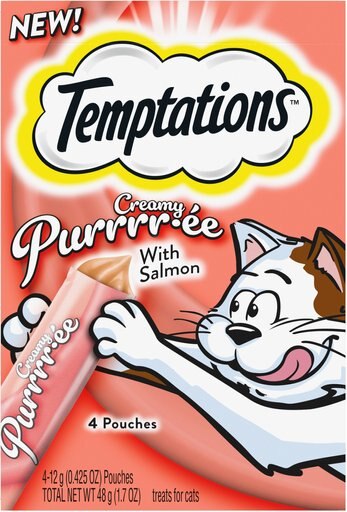 Temptations Creamy Puree with Salmon Lickable, Squeezable Cat Treat, 12-gram pouch, 4 count