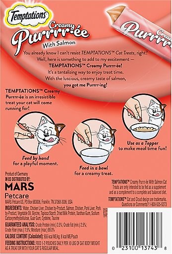 Temptations Creamy Puree with Salmon Lickable, Squeezable Cat Treat, 12-gram pouch, 4 count