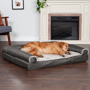 FurHaven Luxe Fur & Performance Linen Orthopedic Sofa Cat & Dog Bed w/Removable Cover, Charcoal, Jumbo