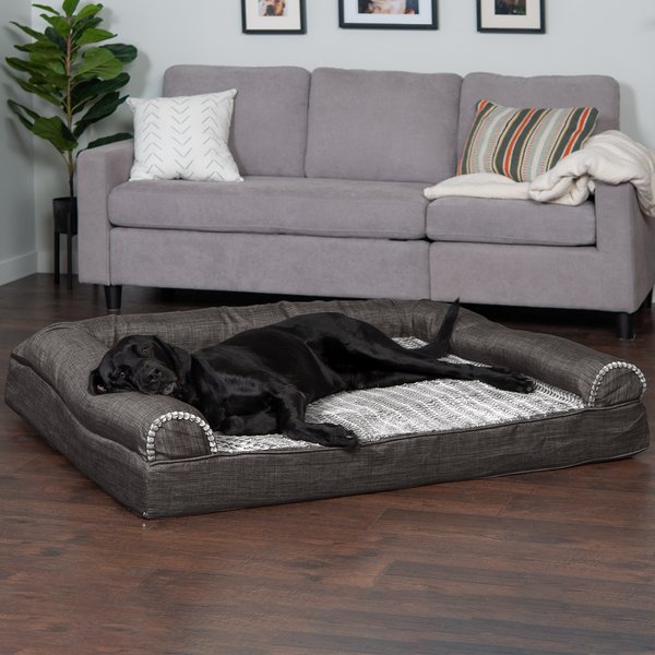 FurHaven Luxe Fur & Performance Linen Orthopedic Sofa Cat & Dog Bed w/Removable Cover, Charcoal, Jumbo Plus slide 1 of 9