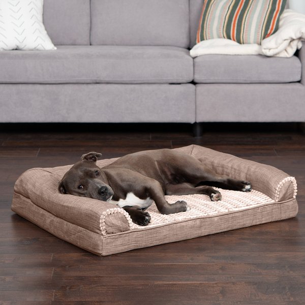 FurHaven Luxe Fur & Performance Linen Orthopedic Sofa Cat & Dog Bed w/Removable Cover, Woodsmoke, Large slide 1 of 9