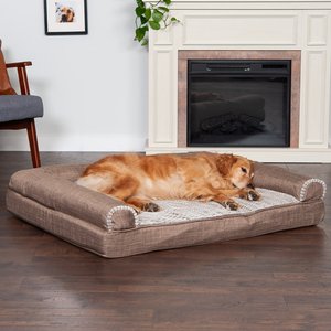 FurHaven Luxe Fur & Performance Linen Orthopedic Sofa Cat & Dog Bed with Removable Cover, Woodsmoke, Jumbo