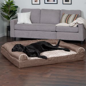 FurHaven Luxe Fur & Performance Linen Orthopedic Sofa Cat & Dog Bed with Removable Cover, Woodsmoke, Jumbo Plus