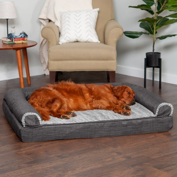 FURHAVEN Luxe Fur & Performance Linen Orthopedic Sofa Cat & Dog Bed w/Removable Cover, Woodsmoke