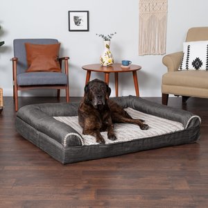 FurHaven Luxe Fur & Performance Linen Memory Top Sofa Cat & Dog Bed w/Removable Cover, Charcoal, Jumbo Plus
