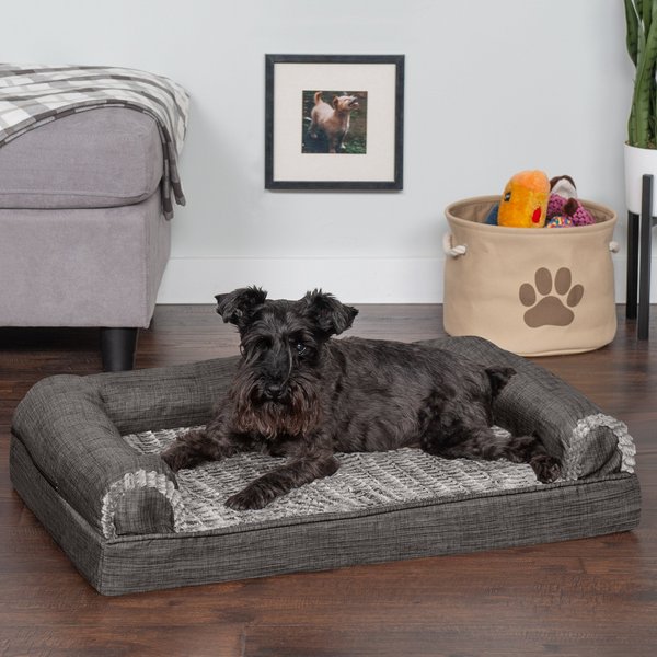 FurHaven Luxe Fur & Performance Linen Cooling Gel Top Sofa Cat & Dog Bed w/Removable Cover, Charcoal, Medium slide 1 of 9