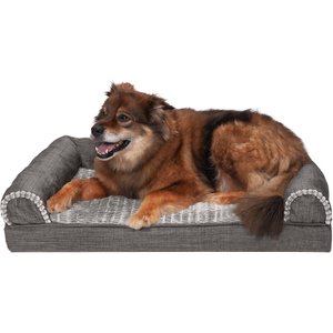 FurHaven Luxe Fur & Performance Linen Cooling Gel Top Sofa Cat & Dog Bed w/Removable Cover, Charcoal, Large