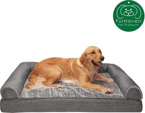 Show full view: FurHaven Luxe Fur & Performance Linen Cooling Gel Top Sofa Cat & Dog Bed with Removable Cover, Charcoal, Jumbo slide 4 of 10