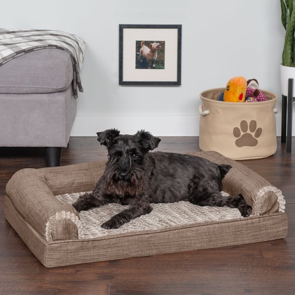 FurHaven Luxe Fur & Performance Linen Cooling Gel Top Sofa Cat & Dog Bed w/Removable Cover, Woodsmoke, Medium slide 1 of 9