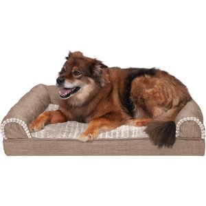 FurHaven Luxe Fur & Performance Linen Cooling Gel Top Sofa Cat & Dog Bed w/Removable Cover, Woodsmoke, Large