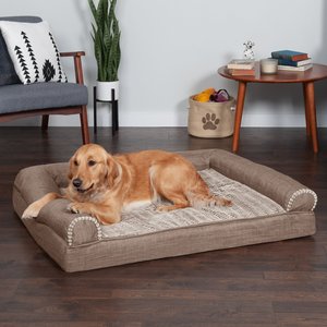 FurHaven Luxe Fur & Performance Linen Cooling Gel Top Sofa Cat & Dog Bed with Removable Cover, Woodsmoke, Jumbo