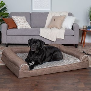 FurHaven Luxe Fur & Performance Linen Cooling Gel Top Sofa Cat & Dog Bed w/Removable Cover, Woodsmoke, Jumbo Plus