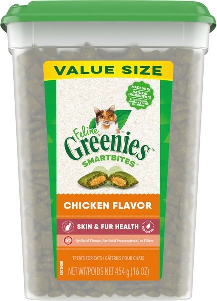 Greenies Feline SmartBites Healthy Skin & Fur Natural Chicken Flavor Soft & Crunchy Adult Cat Treats, 16-oz tub slide 1 of 9