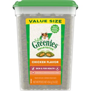 Greenies Feline SMARTBITES Skin & Fur Health Chicken Flavor Cat Treats, 16-oz tub