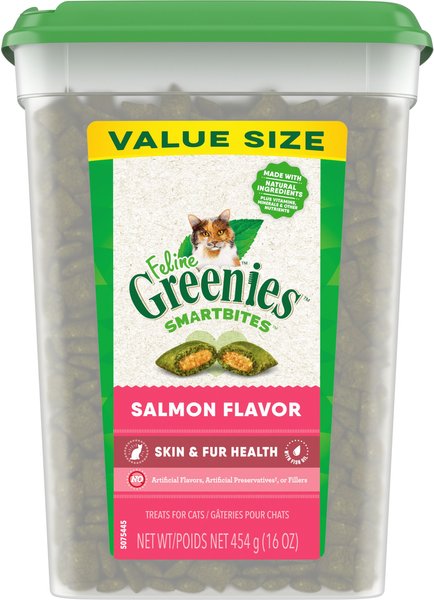 Greenies Feline SmartBites Healthy Skin & Fur Natural Salmon Flavor Soft & Crunchy Adult Cat Treats, 16-oz tub slide 1 of 11