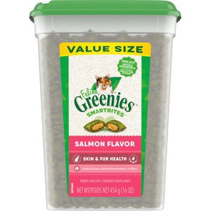 Greenies Feline SmartBites Healthy Skin & Fur Natural Salmon Flavor Soft & Crunchy Adult Cat Treats, 16-oz tub