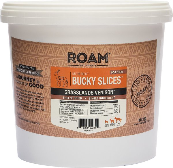 Roam Bucky Slices Grassland Venison Freeze-Dried Dog Treats, 1-lb tub slide 1 of 3
