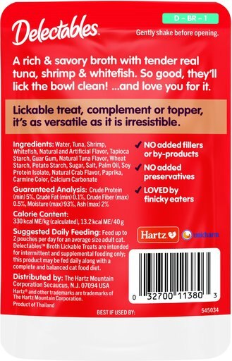 Hartz Delectables Savory Broths Tuna, Shrimp & Whitefish Lickable Cat Treats, 1.4-oz pouch, pack of 12