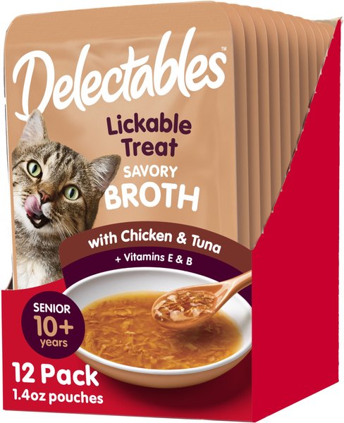 Hartz Delectables Savory Broths Senior 10+ Chicken & Tuna Grain-Free Lickable Cat Treats, 1.4-oz pouch, pack of 12 slide 1 of 8