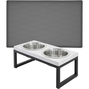 Frisco Silicone Food Mat, Gray, Medium & Frisco Marble Design Stainless Steel Double Elevated Dog Bowls, 3 Cups, Black Stand