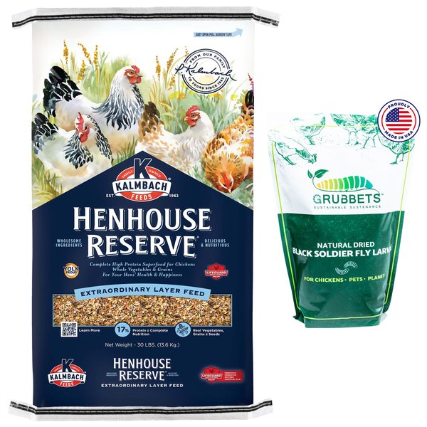 Kalmbach Feeds All Natural Henhouse Reserve Premium Layer Chicken Feed, 30-lb bag & Grubbets Natural Dried Black Soldier Fly Larvae Bird Treats, 2-lb bag slide 1 of 5