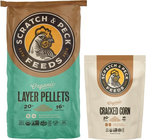 Scratch & Peck Feeds Organic Layer 16% Pellets Food, 25-lb bag & Cluckin' Good Organic Cracked Corn Poultry Treats, 8-lb bag slide 1 of 7