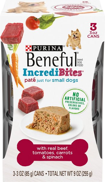Purina Beneful IncrediBites Pate With Real Beef, Tomatoes, Carrots & Spinach Wet Dog Food, 3-oz can, case of 24 slide 1 of 9