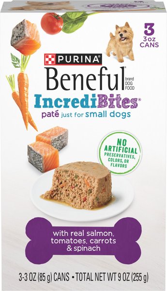 Purina Beneful IncrediBites Pate with Real Salmon, Tomatoes, Carrots & Spinach Wet Dog Food, 3-oz can, case of 24 slide 1 of 9