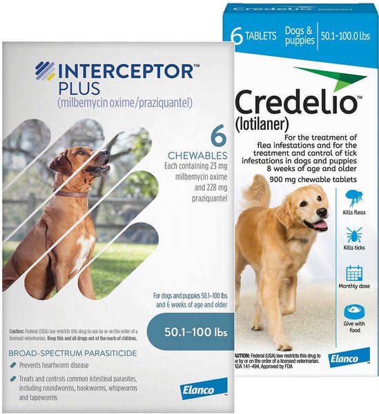 Interceptor Plus Chew for Dogs, 50.1-100 lbs, (Blue Box), 6 Chews (6-mos. supply) & Credelio Chewable Tablet for Dogs, 50.1-100 lbs, (Blue Box), 6 Chewable Tablets (6-mos. supply) slide 1 of 9