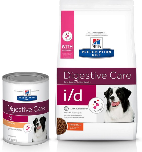 Hill's Prescription Diet i/d Digestive Care with Turkey Canned Dog Food, 13-oz, case of 12 & Hill's Prescription Diet i/d Digestive Care Chicken Flavor Dry Dog Food, 17.6-lb bag slide 1 of 9