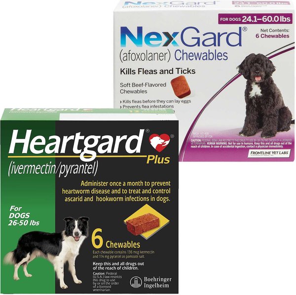 Heartgard Plus Chew for Dogs, 26-50 lbs, (Green Box), 6 Chews (6-mos. supply) & NexGard Chew for Dogs, 24.1-60 lbs, (Purple Box), 6 Chews (6-mos. supply) slide 1 of 7