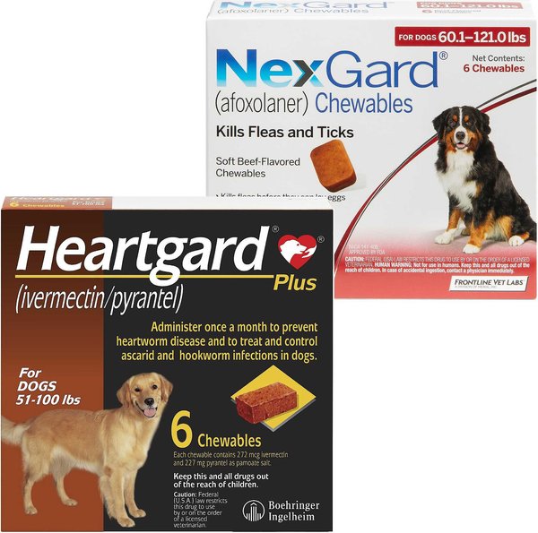 Heartgard Plus Chew for Dogs, 51-100 lbs, (Brown Box), 6 Chews (6-mos. supply) & NexGard Chew for Dogs, 60.1-121 lbs, (Red Box), 6 Chews (6-mos. supply) slide 1 of 7